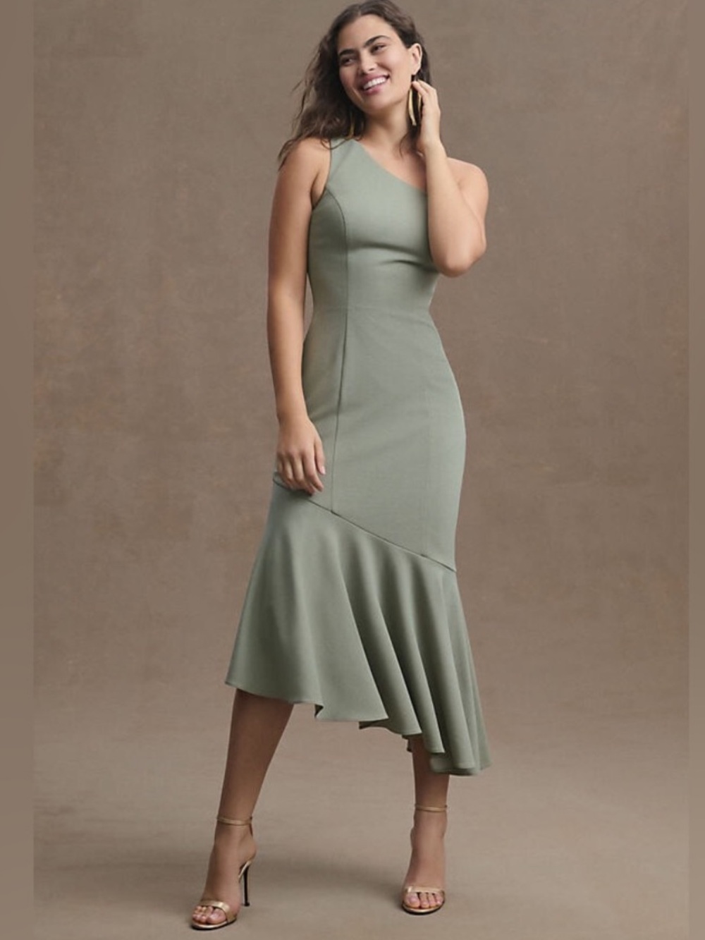 BHLDN Ainsley One Shoulder Ruffle Stretch Crepe Midi Dress NEW Size 12 Green